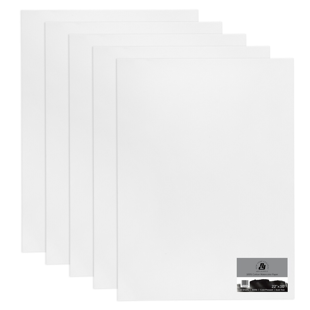 New York Central Watercolor Paper - 22x30" - 5 Packs of 10 - 50 Total Sheets - 300 lb. Cold Press - 100% Cotton, Acid-Free, Archival Quality, Bright White Watercolor Paper Pad for Wet & Dry Media